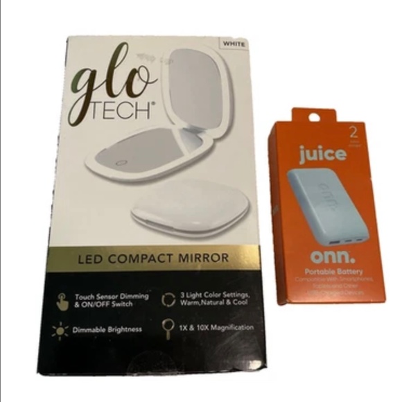 Glo Tech LED Compact Mirror USB & 10X MAG 3 Light Settings White + Onn Powerbank - Picture 8 of 13